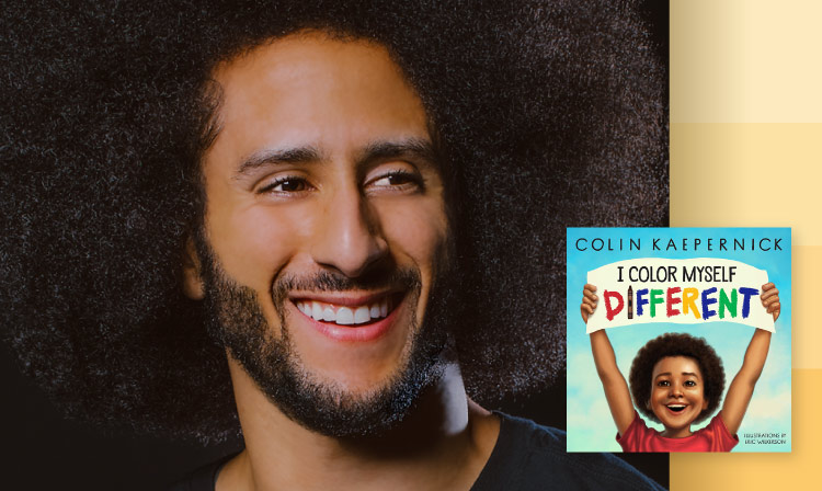 Photo of Colin Kaepernick with I Color Myself Different book cover off to the side