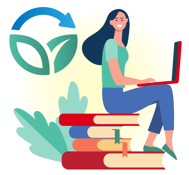 Illustration of a smiling woman with a laptop sitting on books with plants and a sustainability icon in the background 