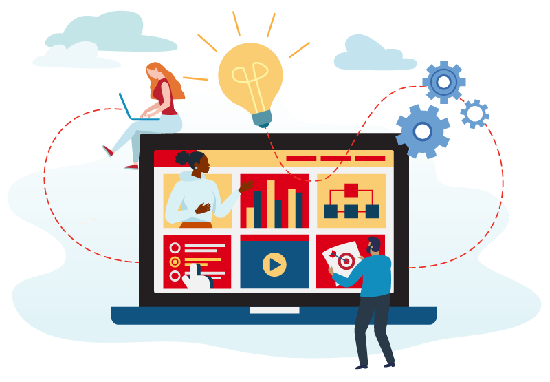 Illustration of an online learning environment with three people collaborating on a project